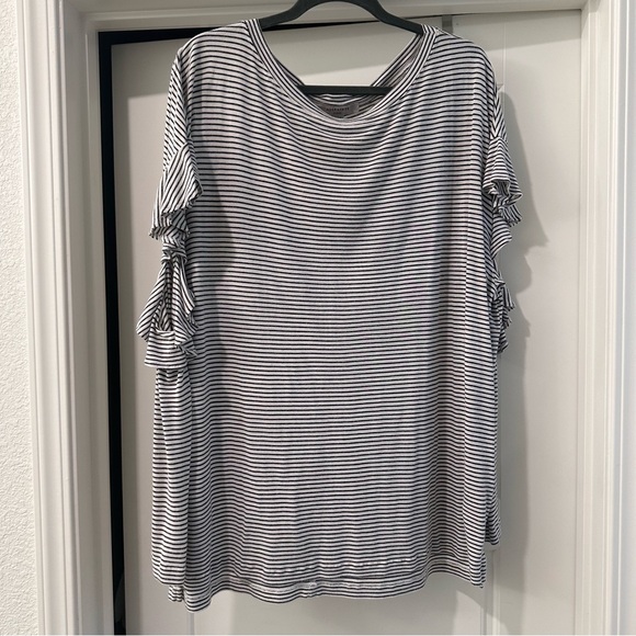 All Saints Striped Ruffle Sleeve Top - Black and White - Picture 3 of 5